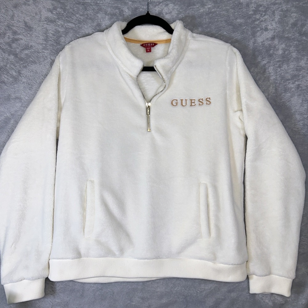 Guess Womens Lilly 1/2‎ Zip Fleece Jacket Cream Gold Logo & Zipper XL
